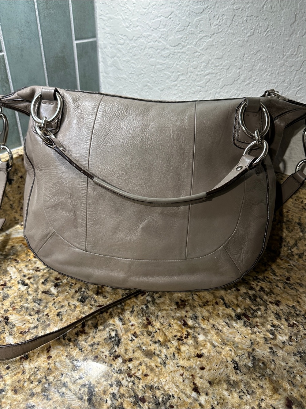 Coach Kristen Woven Leather Shoulder Satchel in Taupe Gray with pink interior - Picture 7 of 16